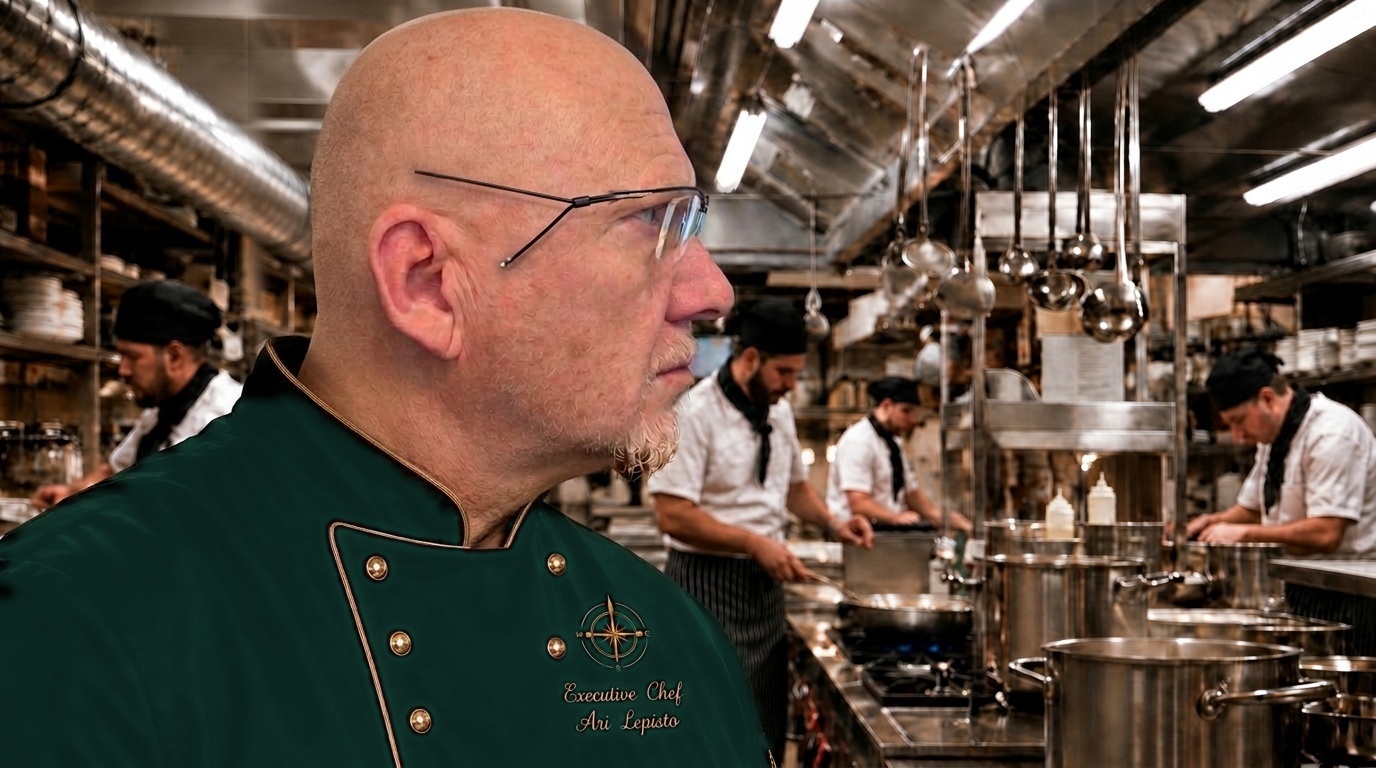Ari Lepisto watching his kitchen team at the pass