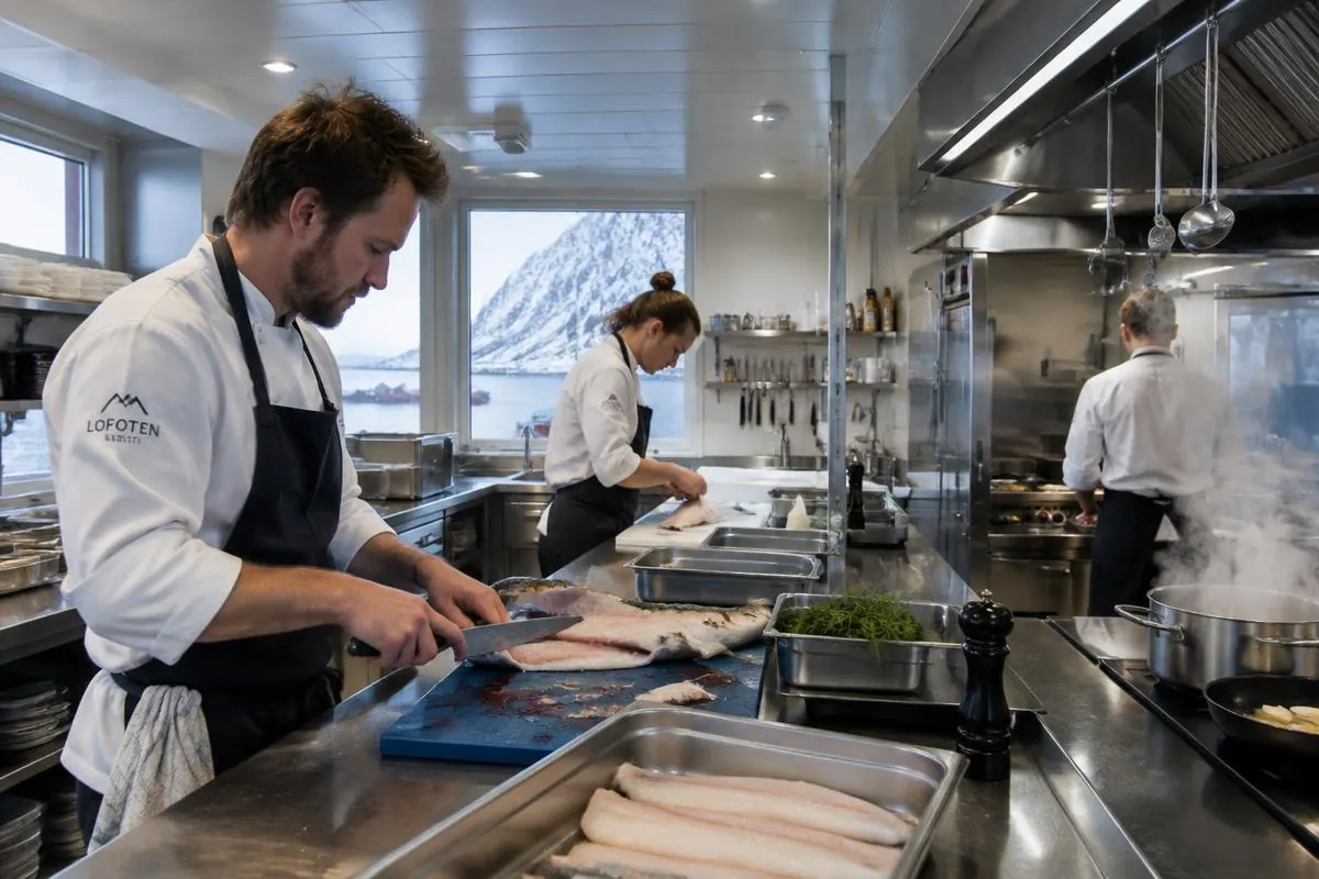 Kockar filéar torsk i ett arktiskt resortkök.