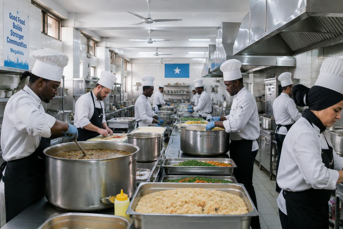 A high-volume catering kitchen in Mogadishu.