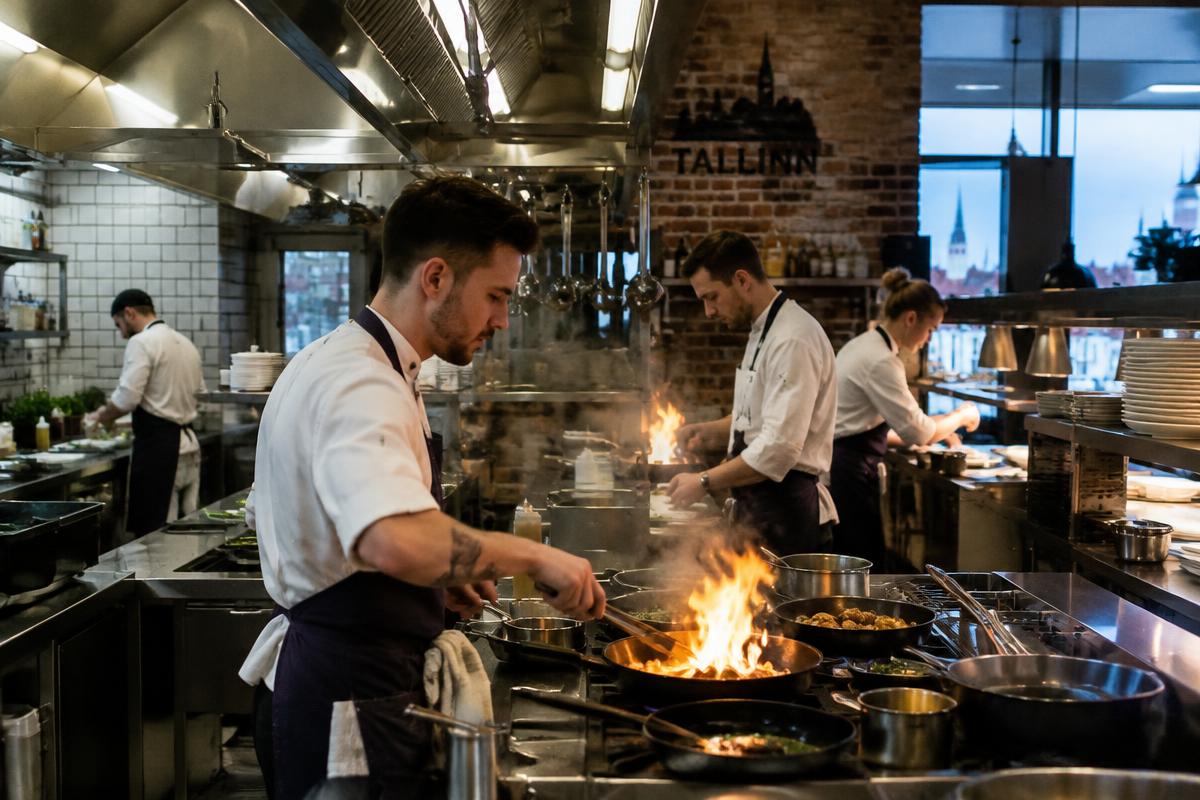 A busy restaurant kitchen in Tallinn.