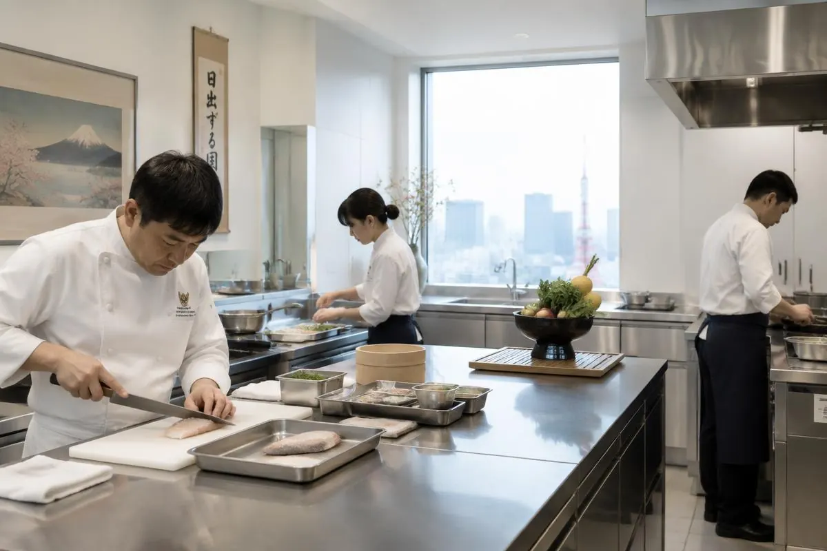 Ett arbetande professionellt kök i Tokyo på kvällen.