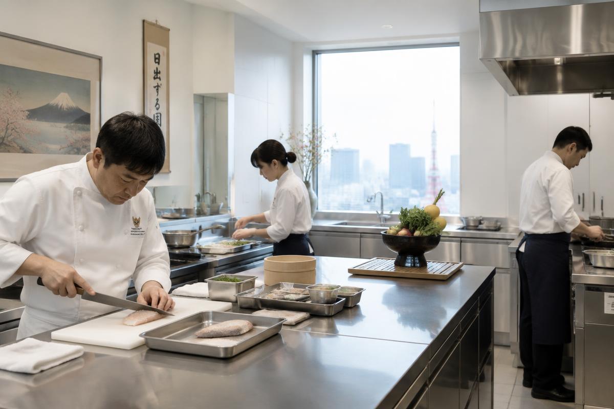 A busy professional kitchen in Tokyo at night.
