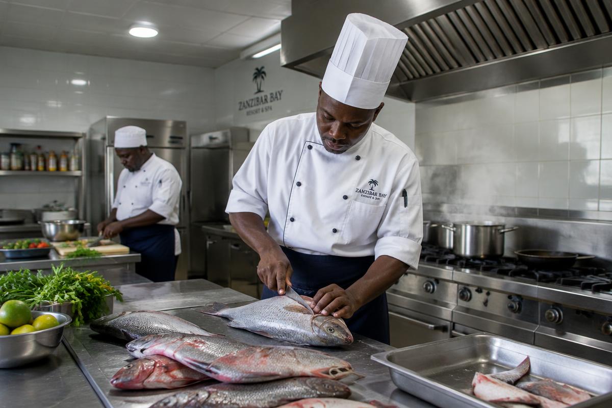 Cooks preparing fresh fish in a Zanzibar resort kitchen.