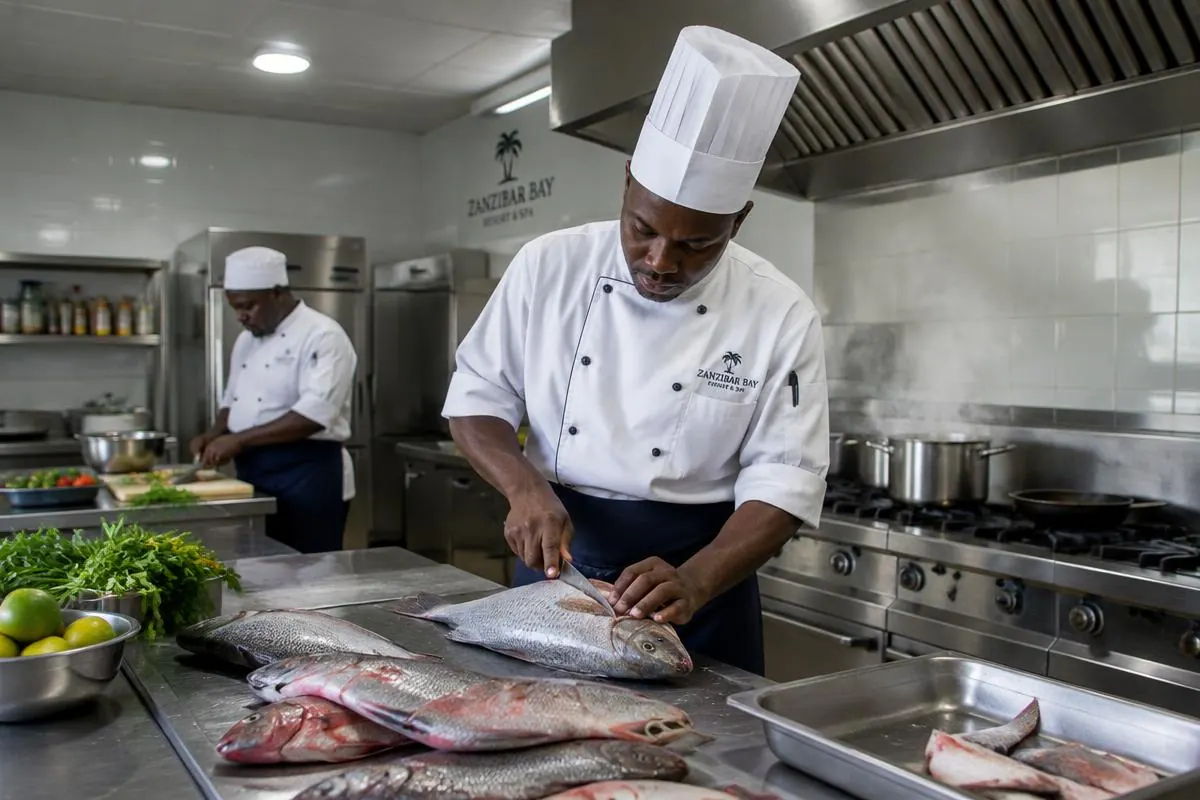 Kockar rensar färsk fisk i ett resortkök på Zanzibar.